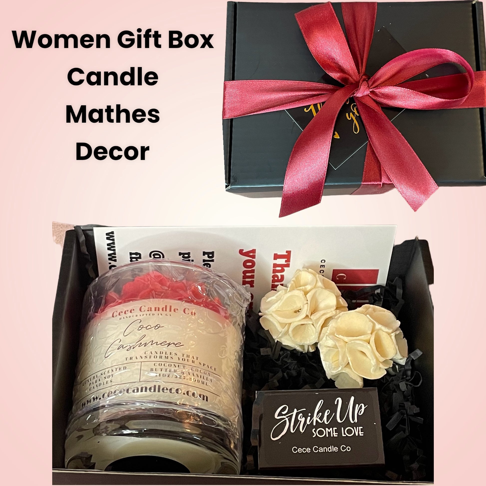Gift Box for women. Comes with a Candle, Matches, and Decor.